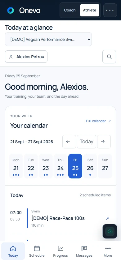An athlete’s morning on a phone: the week at a glance and today’s two sessions